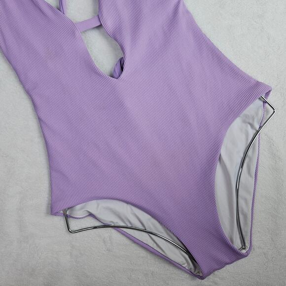BECCA by Rebecca Virtue Fine Line Rib Skylar Plunge One-Piece Size Medium Purple - Picture 8 of 16